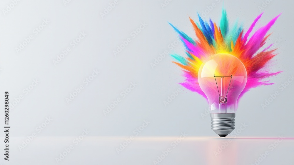 Poster glowing light bulb exploding with colorful powder paint on white background representing creative id