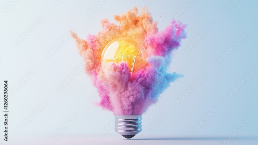 Poster glowing light bulb exploding with colorful powder paint on white background splash representing crea