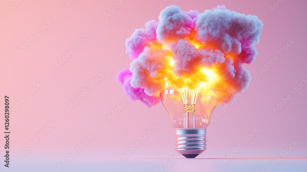 Poster glowing light bulb exploding with colorful powder paint on white background splash representing crea