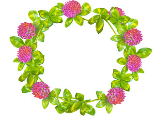 Hand-drawn watercolor wreath of flowers of red clover and leaves isolated on white background. Happy St.Patrick 's Day