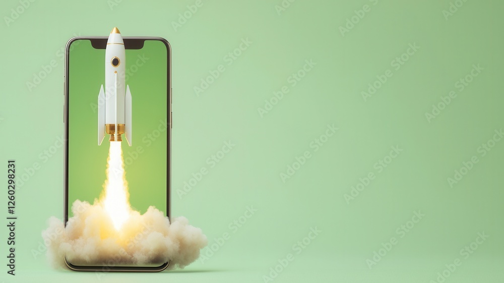 Poster startup concept with rocket taking off from a smartphone screen with smoke and green chroma key back