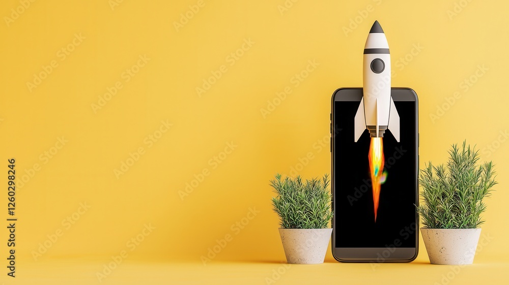 Poster startup concept with rocket taking off from a smartphone screen with smoke and yellow chroma key bac