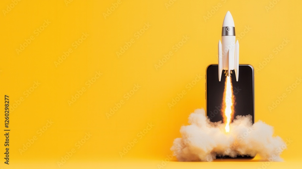 Poster startup concept with rocket taking off from a smartphone screen with smoke and yellow chroma key bac