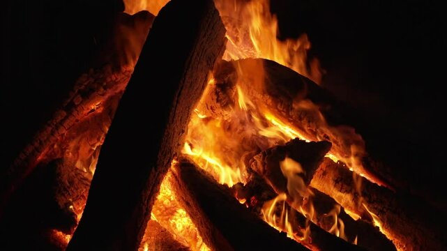 Close-up shot of a mesmerising bonfire burning brightly against the dark night