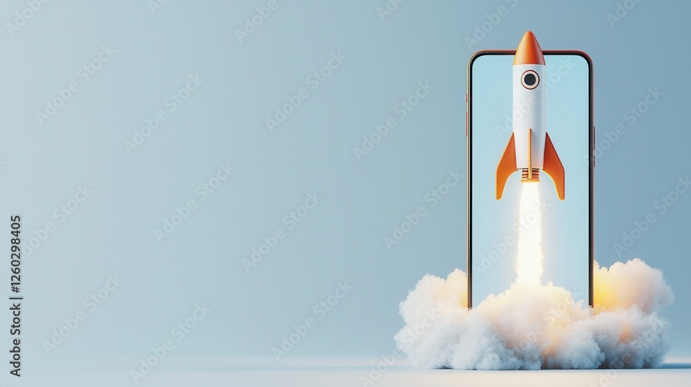 Poster startup concept with rocket taking off from a smartphone screen with smoke and blue chroma key backg