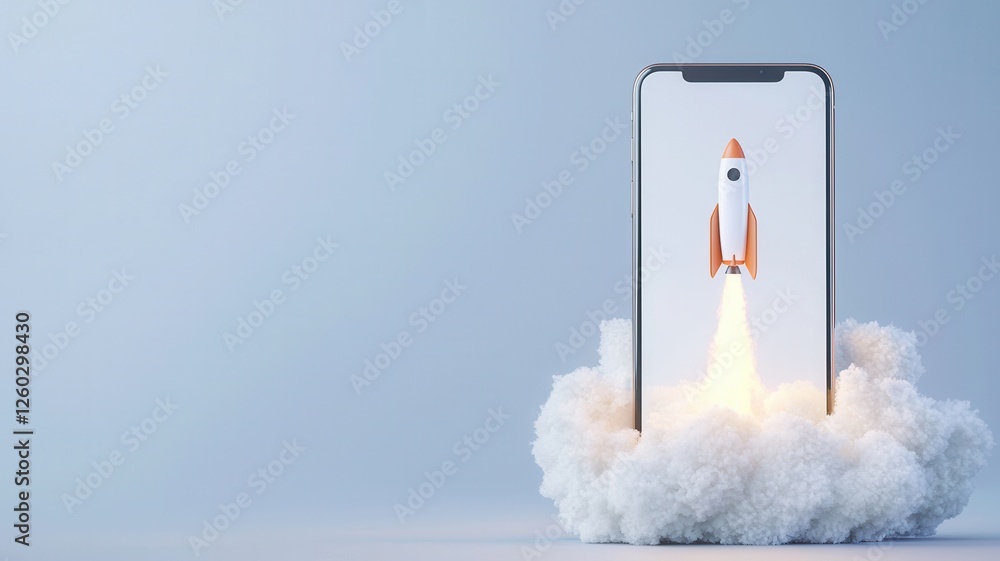 Poster startup concept with rocket taking off from a smartphone screen with smoke and blue chroma key backg