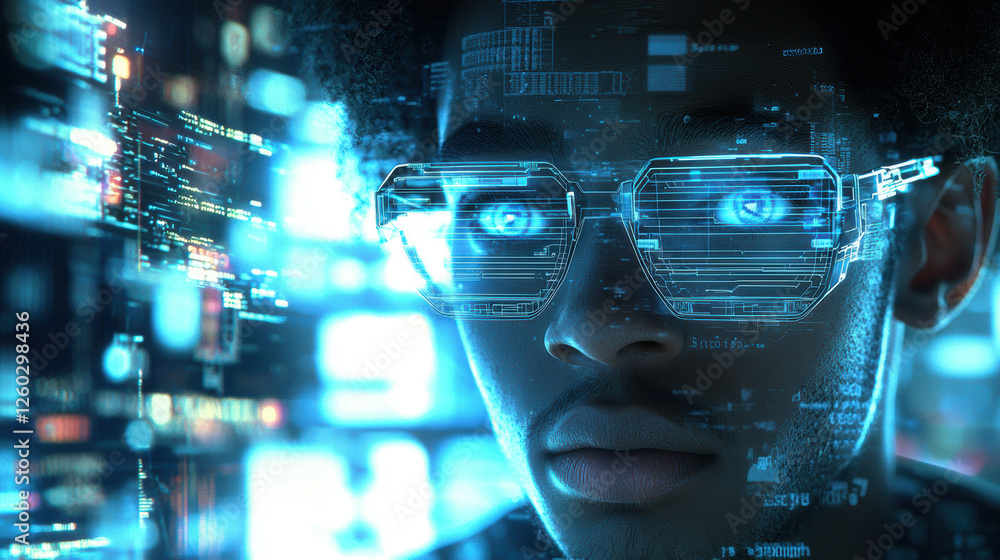 Poster data scientist confronting alarming bias trends in a vast digital dataset, illuminated by cold blue 