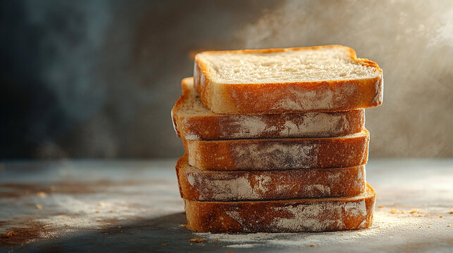 A stack of rustic sourdough bread slices with a thic