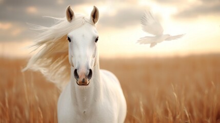 Fototapeta premium a white horse standing in a field with a bird flying in the sky above it The horse is surrounded by lush green grass and the sky is filled with fluffy white clouds