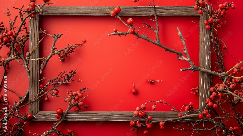 Poster a wooden frame intertwined with red berry branches displayed on a bold red background, creating a fe