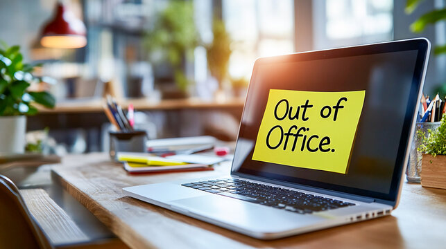 Laptop with a sticky note on the screen reading "Out of Office." The bright note stands out against the screen, signaling a break from work or a holiday. Perfect for illustrating office closures