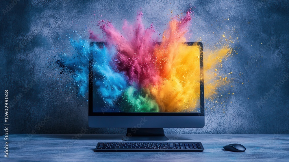 Fototapete creative computer exploding with splashes of colorful paint on desktop, concept. think differently a
