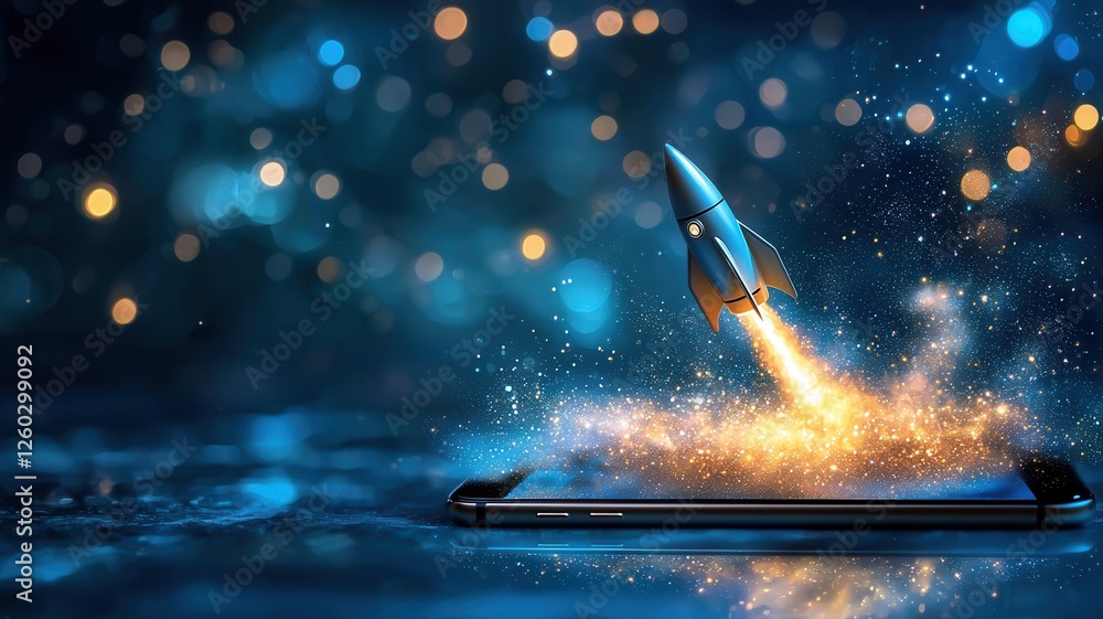 Poster rocket business launching from smartphone screen with bokeh effect representing startup, innovation,