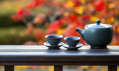 Tea set on wooden railing with autumn leaves background, ideal for relaxation or tea ceremony themes