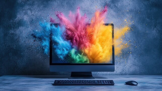 Creative computer exploding with splashes of colorful paint on desktop, concept. Think differently and work process, creative idea