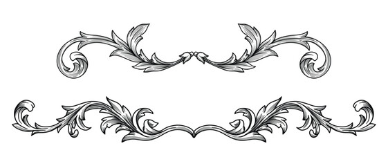 Vintage Floral baroque ornaments oriental design. Victorian border frame decorative elements, flourish, swirl, filigree, heraldic engraved with acanthus leaves. Classic ornamental vector illustration