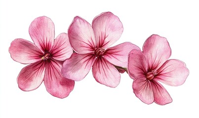 Obraz premium Three pink flowers on a stem, isolated on white
