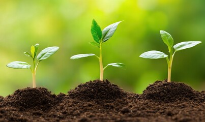Fototapeta premium Three growing plant seedlings in soil, blurred green background, ideal for growth concepts