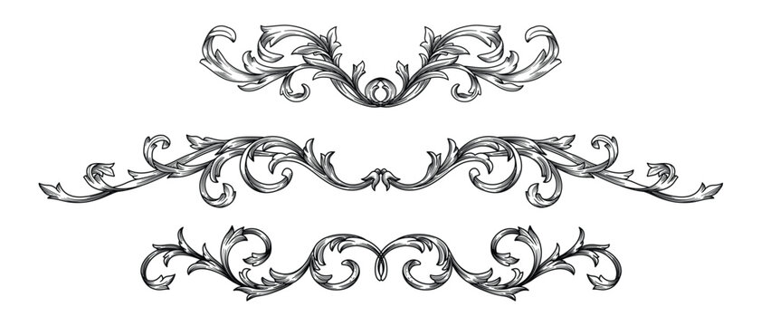 Set Vintage baroque element border frame engraving. Classic ornament filigree pattern. Antique rococo ornate decorative design for tattoo, certificate,  wedding invitation