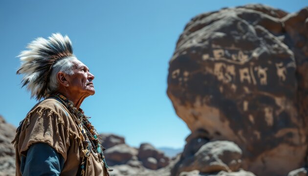 Native American elder gazing at ancient petroglyphs under clear desert sky
