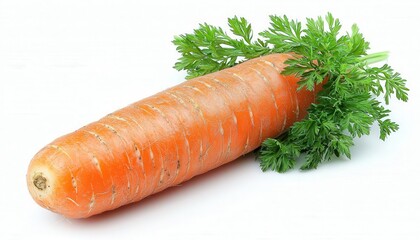 A fresh, vibrant orange carrot with green leafy tops. This healthy vegetable is perfect for salads, juicing, or as a nutritious snack.