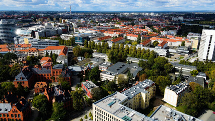 Drone view of European modern city Wroclaw Poland