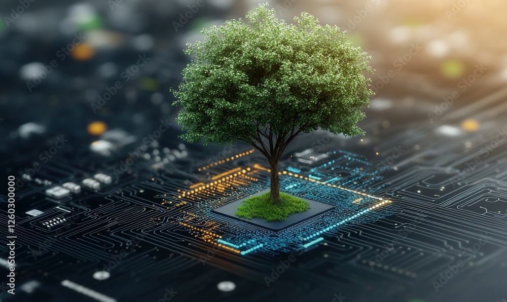 Poster tree growing on microchip, symbolizing green technology and sustainable computing