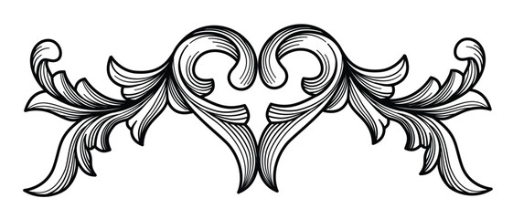 Vintage Baroque element symmetry design. Arabesque frame engraving ornament. Flourish ornament leaf engraved retro pattern decorative design. Black ink tattoo filigree calligraphic vector illustration