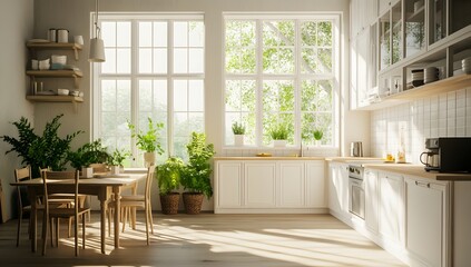 Sunny white kitchen with garden view, dining area, and sunlight