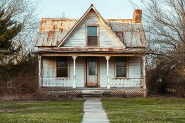 Rustic weathered farmhouse, aged charm.