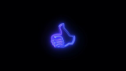 Glowing neon line Hand thumb up icon isolated on black background. Neon Outline Like Icon Animation on Black Background.