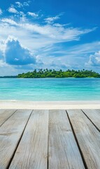 Fototapeta premium Tropical beach with wooden deck, turquoise water, island, blue sky, clouds. Ideal for travel ads