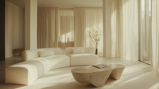 Sun-drenched living space featuring a curved white sofa, sculptural stone table, and sheer curtains, exuding serene elegance.