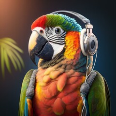 An exotic parrot, cloaked in fiery hues, listens intently to a hidden beat, its sharp eyes reflecting pure fascination and energy.
