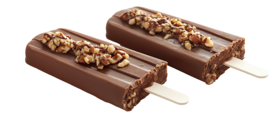 Chocolate Pecan Popsicles: Indulge your senses with a pair of delectable chocolate pecan popsicles, boasting a rich chocolate coating and a crunchy pecan topping. A perfect summer treat! 