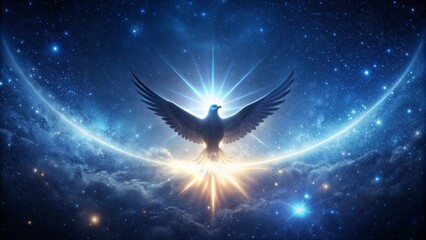 Celestial glowing bird silhouette with radiant light against cosmic night sky, ideal for websites, digital art, spiritual themes, presentations, blogs, awareness campaigns, and celestial designs