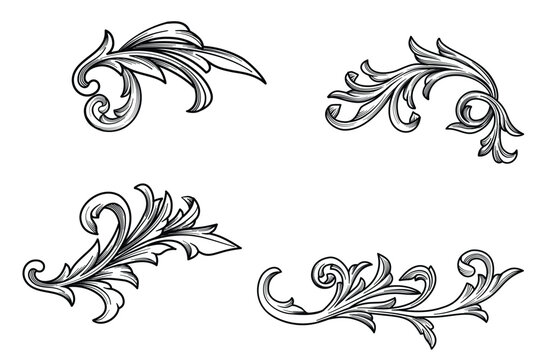 Collection of hand drawn of acanthus leaf floral  engraving, flourishes ornamental. Decorative design Baroque filigree engraved black and white ink art isolated vector illustration