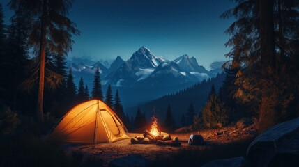 camp fire with tent and mountains in night