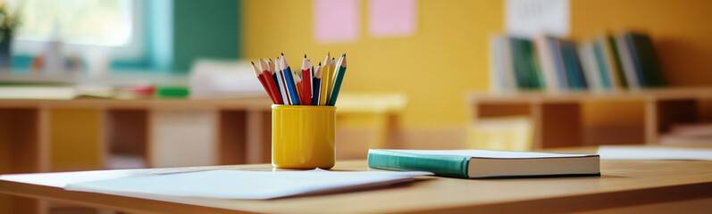 Vibrant Classroom Scene with Colorful Pencils in Yellow Cup and Books on Desk for Education and Learning Concepts