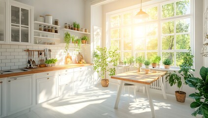 Sunny, white kitchen with plants, interior design