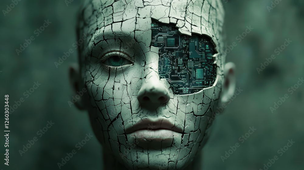 Poster humanoid ai with a broken face showcases intricate circuits and microchips, revealing an unsettling 