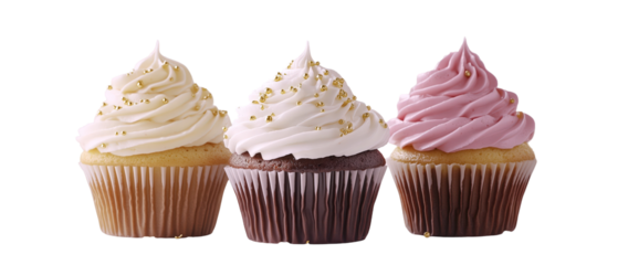 Cupcake Trio:  A delightful trio of cupcakes, each adorned with swirls of frosting and golden sprinkles, beckons with its irresistible sweetness.  