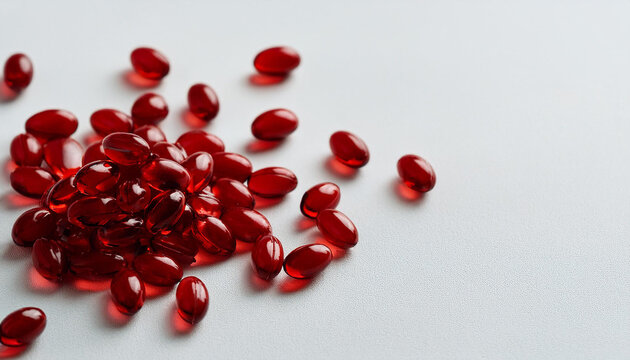 Red krill oil capsules. Health supplement, omega 3. Isolated white backdrop.