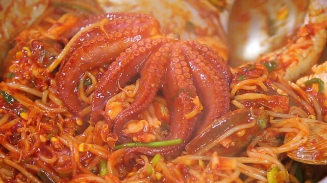 Steaming braised seafood dish with plenty of seafood such as octopus and bean sprouts