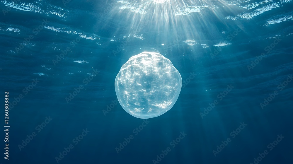 Poster sun rays illuminate a large sphere floating beneath ocean surface