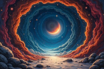 A swirling time-rift graffiti opening up into a cosmic dimension.
