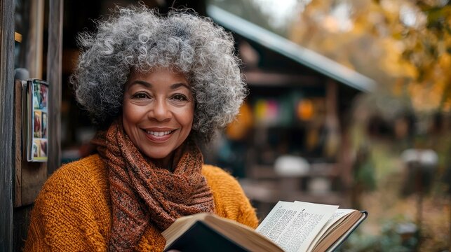 Smiling Senior Woman Reading a Book in Autumn. Cozy Atmosphere, Relaxed Mood, Happy Expression, Fall Leaves Background