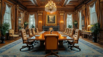 Fototapeta premium Luxurious wood-paneled conference room, elegant meeting.