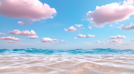 Obraz premium a beach with a blue sky and white clouds in the background The water is a deep blue and the sand is a light tan color The sky is a bright blue with white fluffy c