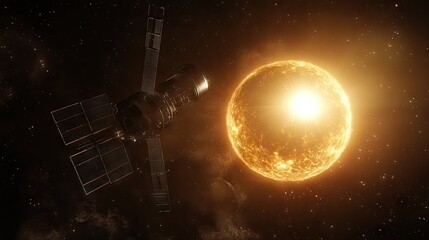 Fototapeta premium A futuristic satellite glides through space, with a massive planet below and the sun illuminating the scene.